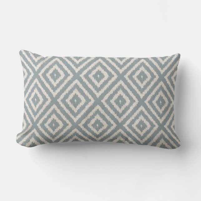 Ikat Diamond Pattern Light Blue and Cream Lumbar Cushion (Front)