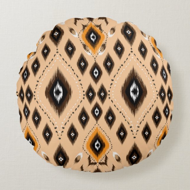 Ikat Ethnic Geometric Folklore Pattern Round Cushion (Front)