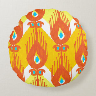 Ikat Fabric Pattern: Ethnic Vintage Design. Round Cushion