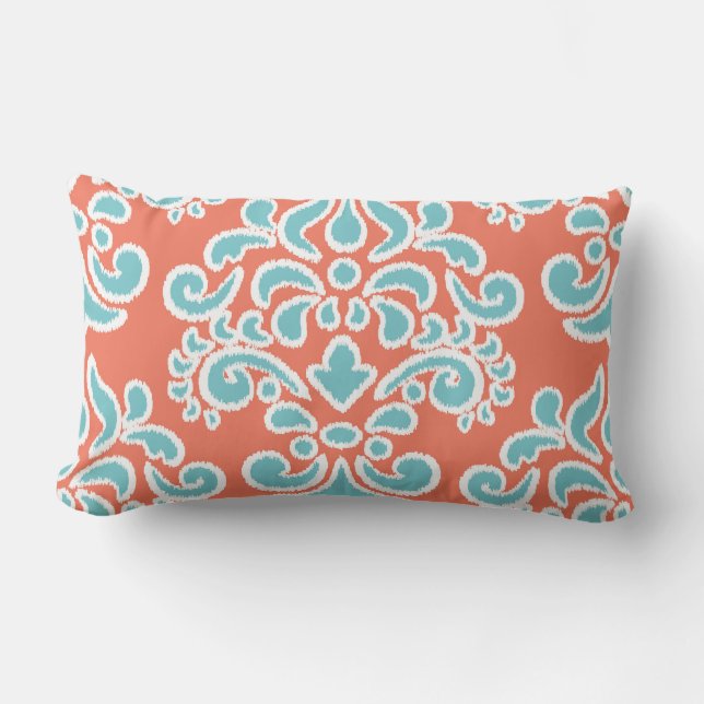 Ikat Floral Damask Aqua and Coral Lumbar Cushion (Front)