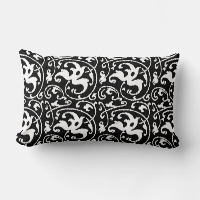 Ikat Floral Damask - Black and White Lumbar Cushion (Front)