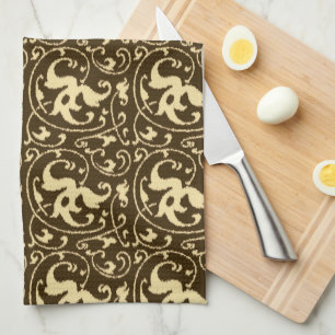 Ikat Floral Damask - Chocolate Brown and Tan Tea Towel