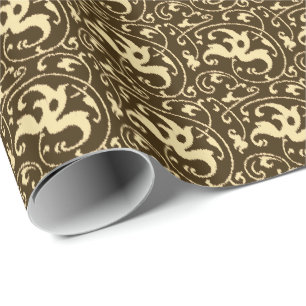 Ikat Floral Damask - Chocolate Brown and Tan Wrapping Paper