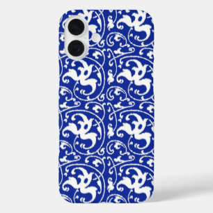 Ikat Floral Damask - Cobalt Blue and White iPhone 16 Plus Case