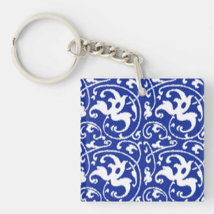 Ikat Floral Damask - Cobalt Blue and White Key Ring