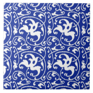 Ikat Floral Damask - Cobalt Blue and White Tile