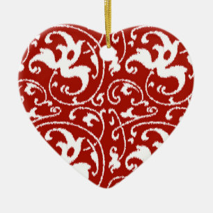 Ikat Floral Damask - Dark Red and White Ceramic Tree Decoration