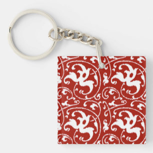 Ikat Floral Damask - Dark Red and White Key Ring