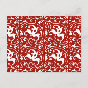 Ikat Floral Damask - Dark Red and White Postcard