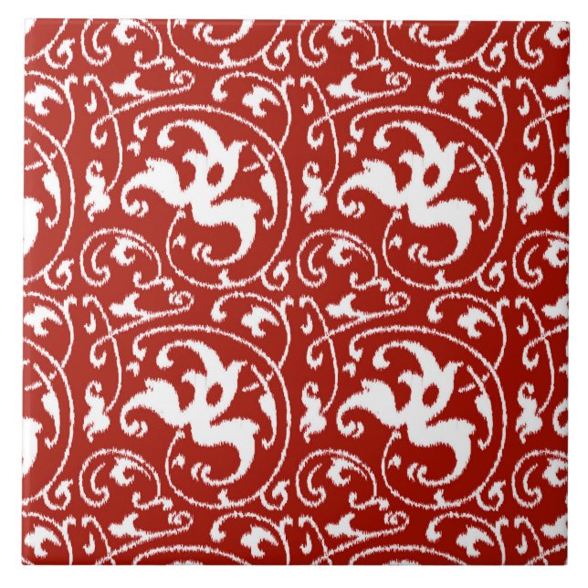 Ikat Floral Damask - Dark Red and White Tile (Front)