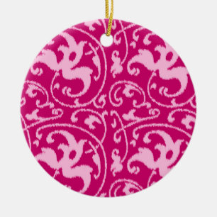 Ikat Floral Damask - Fuchsia and Pale Pink Ceramic Tree Decoration