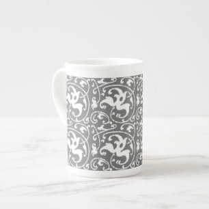 Ikat Floral Damask - Grey / Grey and White Bone China Mug