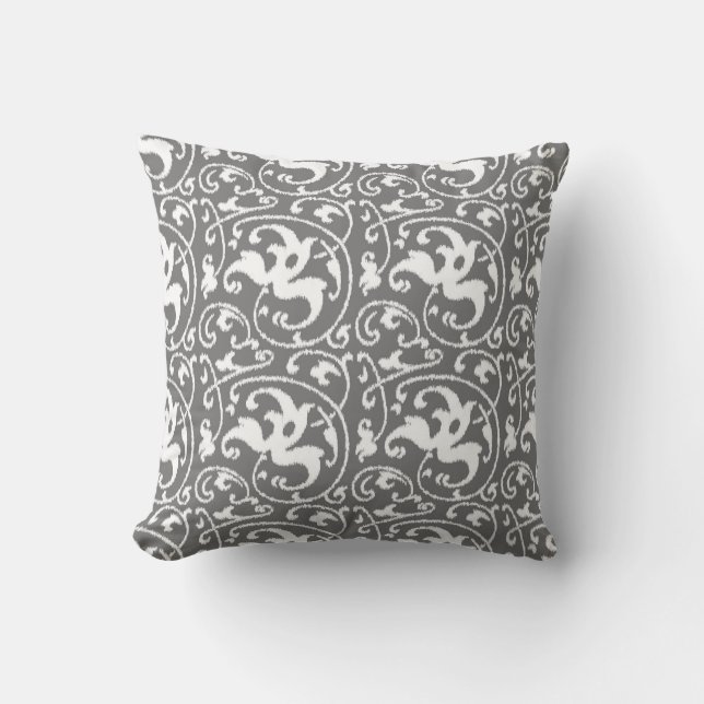 Ikat Floral Damask - Grey / Grey and White Cushion (Front)