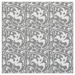 Ikat Floral Damask - Grey / Grey and White Fabric