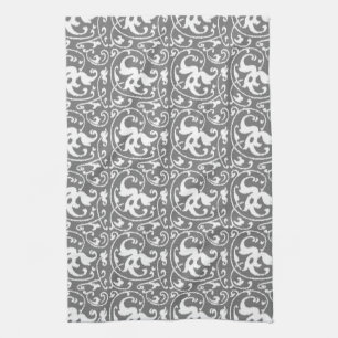 Ikat Floral Damask - Grey / Grey and White Tea Towel