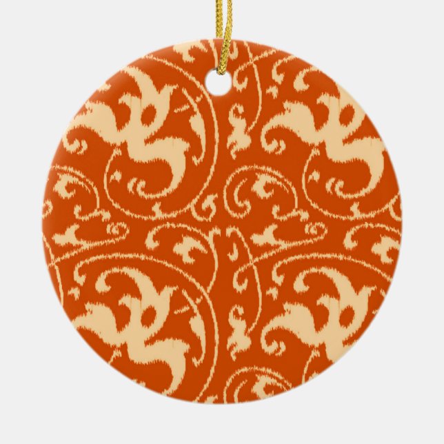 Ikat Floral Damask - Mandarin Orange Ceramic Tree Decoration (Front)
