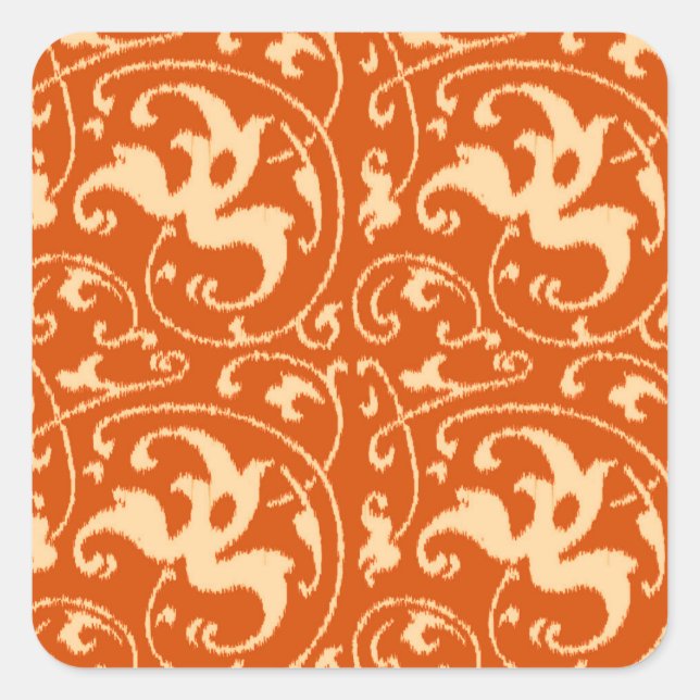 Ikat Floral Damask - Mandarin Orange Square Sticker (Front)