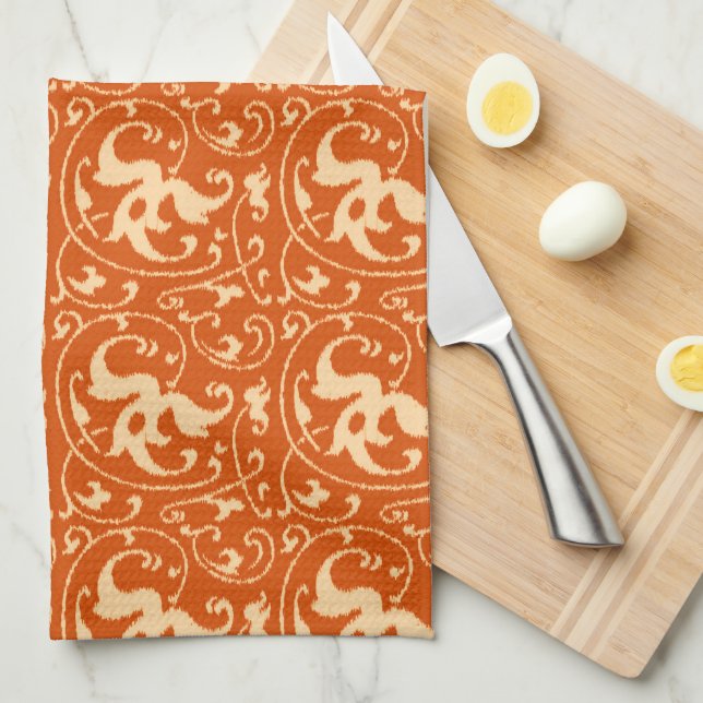 Ikat Floral Damask - Mandarin Orange Tea Towel (Quarter Fold)
