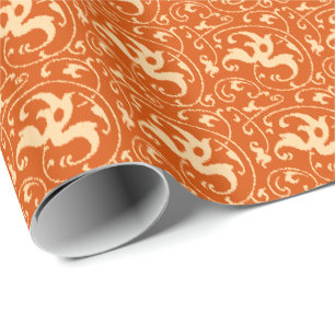 Ikat Floral Damask - Mandarin Orange Wrapping Paper