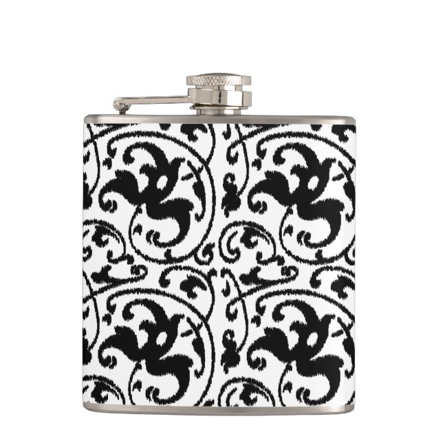 Ikat Floral Damask - White and Black Hip Flask (Front)