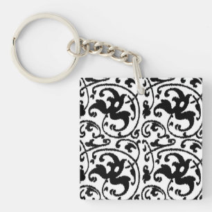 Ikat Floral Damask - White and Black Key Ring