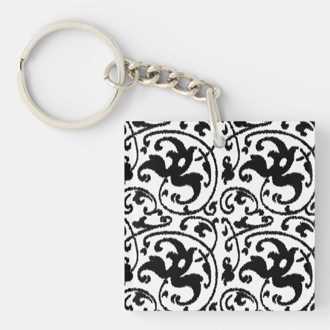 Ikat Floral Damask - White and Black Key Ring (Front)