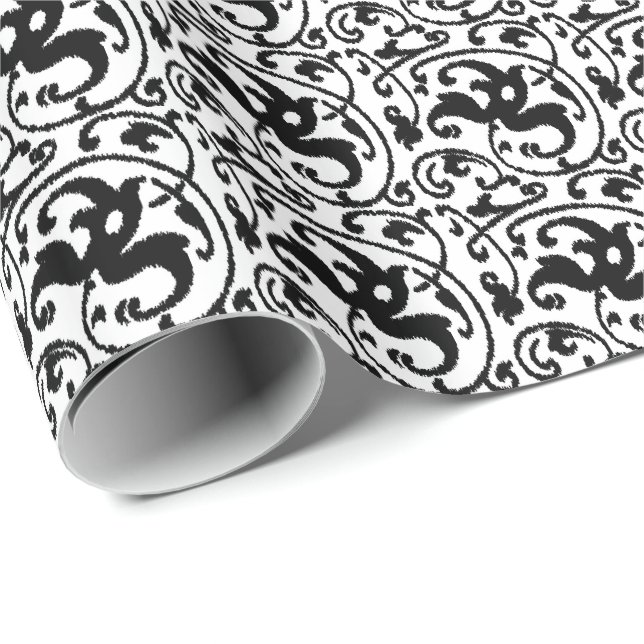 Ikat Floral Damask - White and Black Wrapping Paper (Roll Corner)