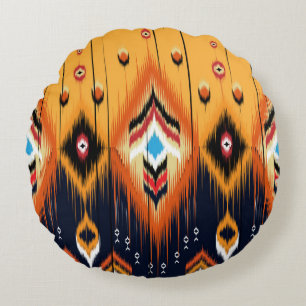 Ikat geometric folklore ornament. Tribal ethnic te Round Cushion