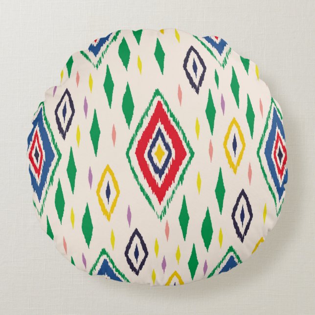 Ikat geometric folklore ornament with diamonds. Tr Round Cushion (Front)