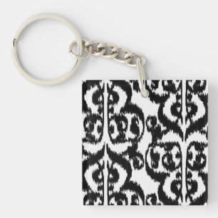 Ikat Moorish Damask - black and white Key Ring