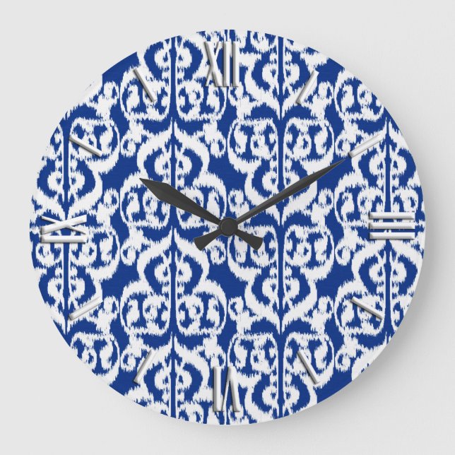 Ikat Moorish Damask - cobalt blue and white Large Clock (Front)
