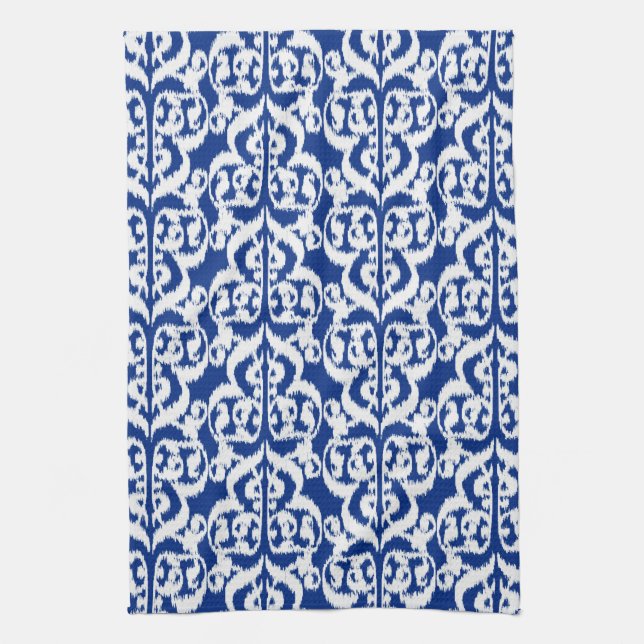 Ikat Moorish Damask - cobalt blue and white Tea Towel (Vertical)