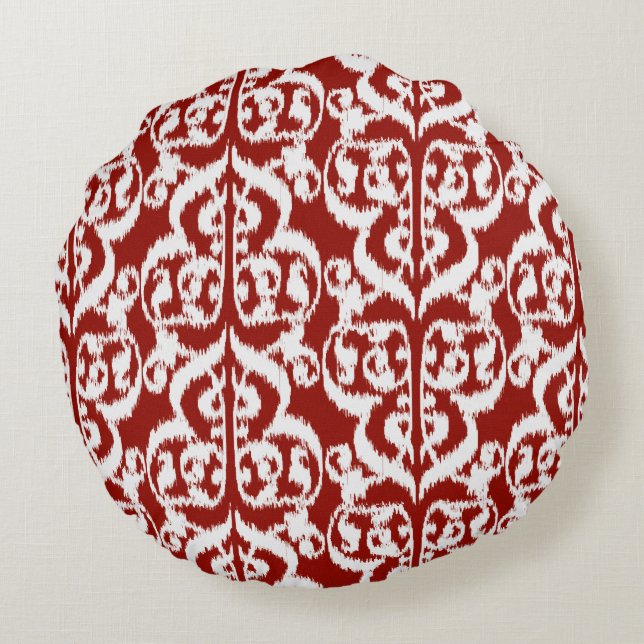 Ikat Moorish Damask - dark red and white Round Cushion (Back)