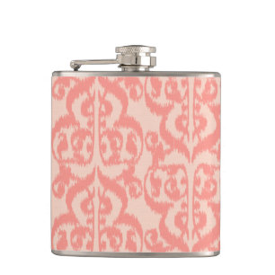 Ikat Moorish Damask - peach and coral pink Hip Flask