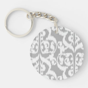 Ikat Moorish Damask - silver grey and white Key Ring