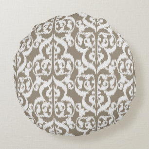 Ikat Moorish Damask - taupe tan and white Round Cushion