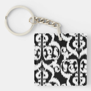 Ikat Moorish Damask - white and black Key Ring