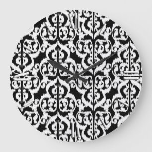 Ikat Moorish Damask - white and black Large Clock