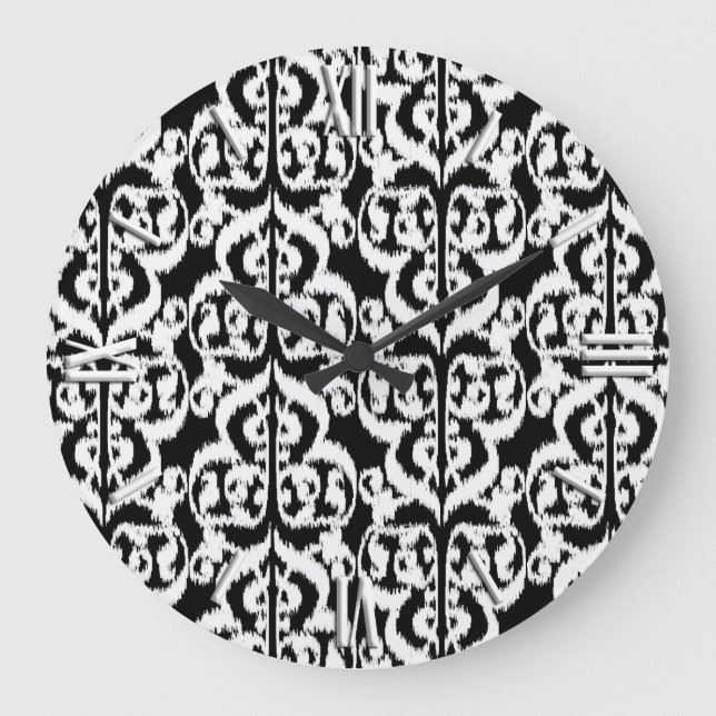 Ikat Moorish Damask - white and black Large Clock (Front)