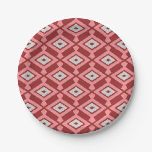 Ikat Pattern - Burgundy, Grey and Coral Paper Plate
