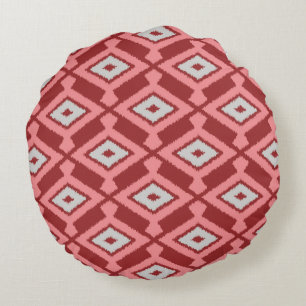 Ikat Pattern - Burgundy, Grey and Coral Round Cushion