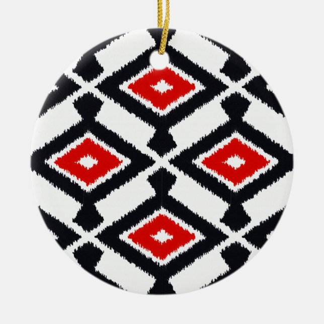 Ikat Pattern - Dark Red, Black and White Ceramic Tree Decoration (Front)