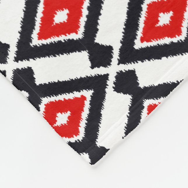 Ikat Pattern - Dark Red, Black and White Fleece Blanket (Corner)