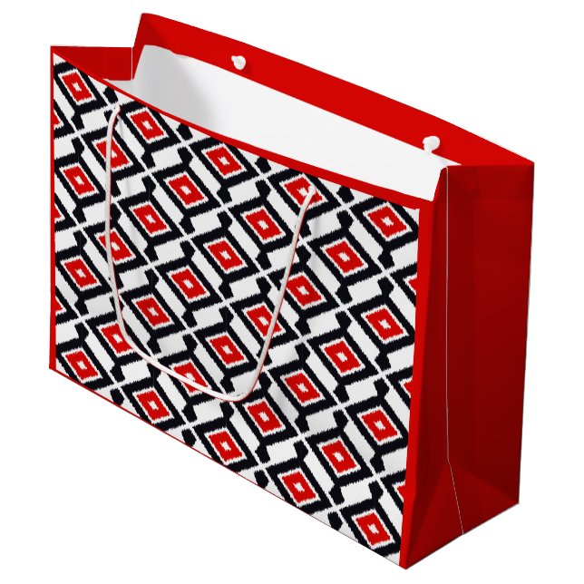 Ikat Pattern - Dark Red, Black and White Large Gift Bag (Front Angled)