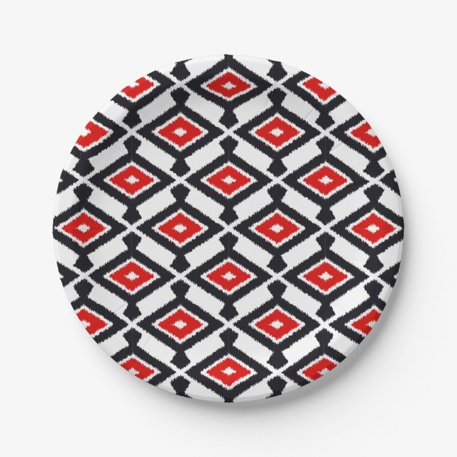 Ikat Pattern - Dark Red, Black and White Paper Plate (Front)