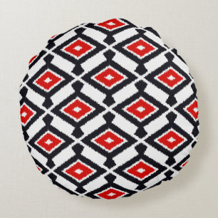 Ikat Pattern - Dark Red, Black and White Round Cushion