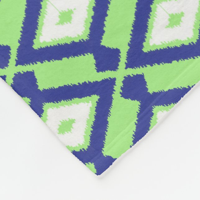 Ikat Pattern - Green, Indigo Blue and White Fleece Blanket (Corner)