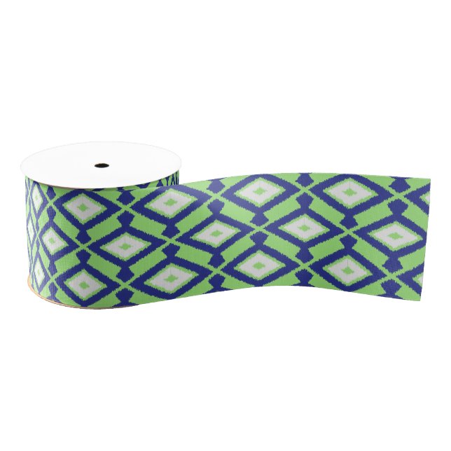 Ikat Pattern - Green, Indigo Blue and White Grosgrain Ribbon (Spool)