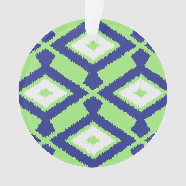 Ikat Pattern - Green, Indigo Blue and White Ornament (Front)