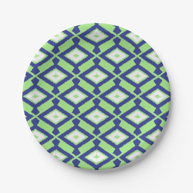 Ikat Pattern - Green, Indigo Blue and White Paper Plate (Front)
